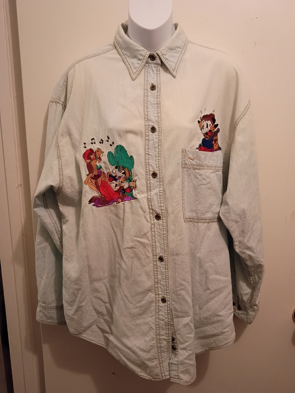 Disney Light Mint Green Cartoon Embroidered Button-Up Jacket